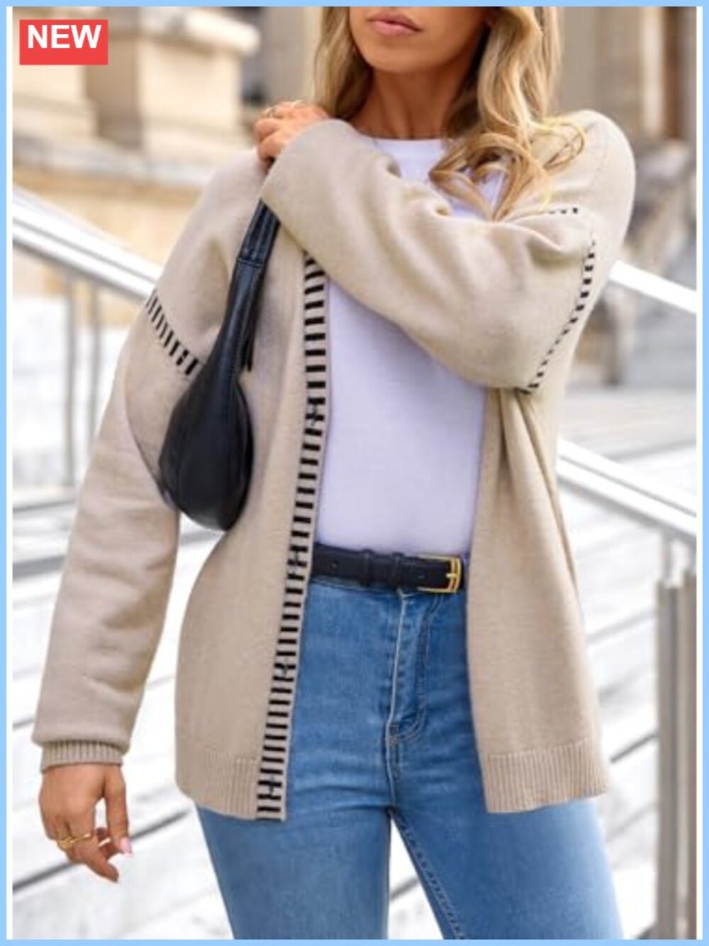Oversized V-Neck Button Front Cardigan Sweater with Stripe Trim - Picture 2 of 6